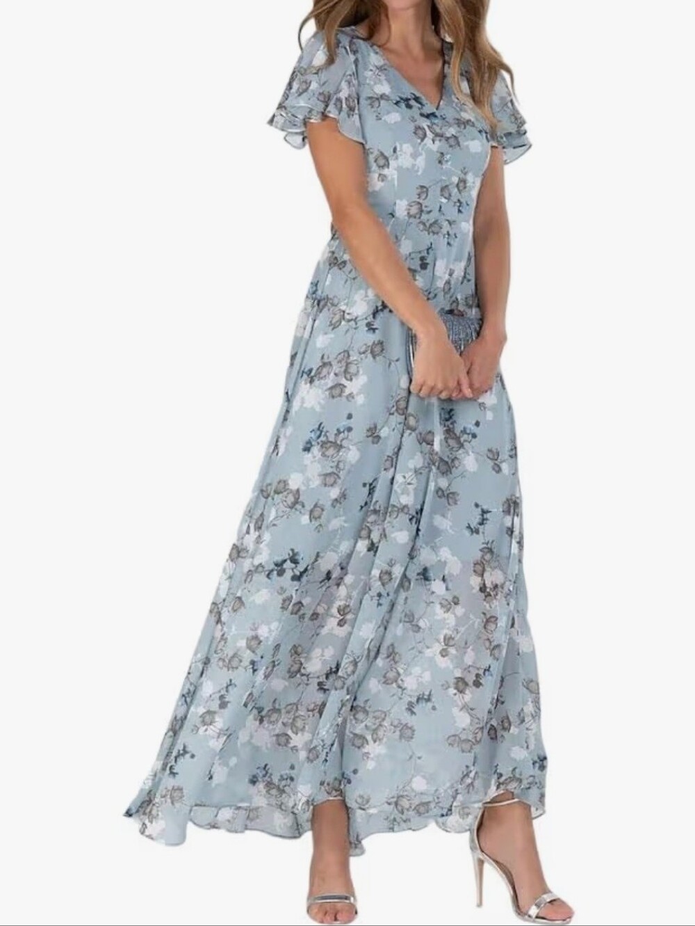 Sky Blue Floral Maxi Dress with Flutter Sleeves #14